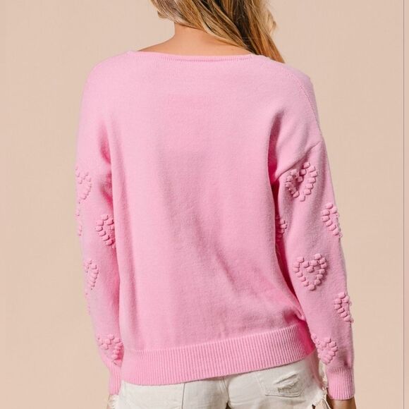 BiBi Pompom V Neck Knit Top Pale Pink Heart Pattern Sweater Sz XL [10-12] - Picture 4 of 15